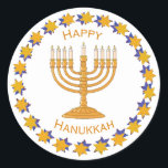 hanukkah menorah stickers<br><div class="desc">A gold menorah surrounded by a circle gold & blue stars with the words "Happy Hanukkah". The background is white but can be changed to any of zazzle's many colour choices.</div>