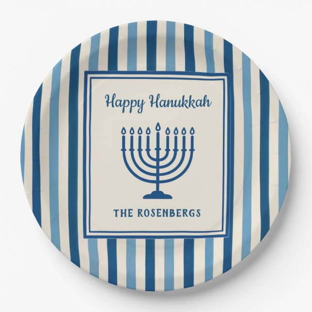 Hanukkah Menorah Stripes Trendy Custom  Paper Plate (Front)