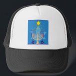 hanukkah menorah trucker hat<br><div class="desc">"hanukkah menorah", "happy hanukkah", menorah, "star of david", "chanukah jewish", Hanukkah, "jewish holidays"chanukah,  hannukah, chanukkah channuka, chanukkah,  chanukkah, hannuka, hebrew, jew, , judaism, menora, judaica, </div>
