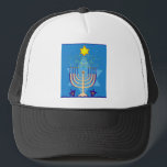 hanukkah menorah trucker hat<br><div class="desc">"hanukkah menorah", "happy hanukkah", menorah, "star of david", "chanukah jewish", Hanukkah, "jewish holidays"chanukah,  hannukah, chanukkah channuka, chanukkah,  chanukkah, hannuka, hebrew, jew, , judaism, menora, judaica, </div>