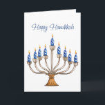Hanukkah Menorah with Blue, White Burning Candles  Card<br><div class="desc">Watercolor menorah with blue and white burning candles.  Happy Hanukkah greeting and sentiment inside can be changed.   AI assisted graphic purchased with commercial use.  Artwork:  CosmicMeta</div>