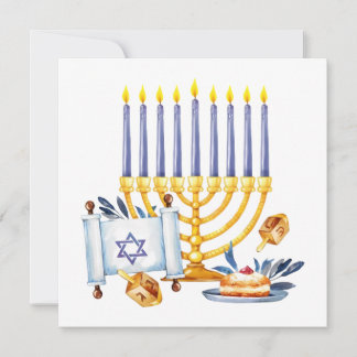 Hanukkah Menorah with Candles and Traditional Item Card