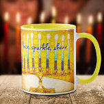 Hanukkah Menorah Yellow Peace Sparkle Shine Script Mug<br><div class="desc">“Peace, sparkle, shine.” A close-up photo of a bright, colourful, yellow and gold artsy menorah helps you usher in the holiday of Hanukkah in style. Feel the warmth and joy of the holiday season whenever you drink out of this chic, colourful Hanukkah coffee mug. Makes a striking set of four...</div>