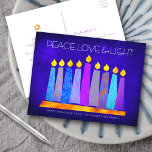 Hanukkah Modern Boho Candles Blue Peace Love Light Holiday Postcard<br><div class="desc">“Peace, love & light.” A playful, modern, artsy illustration of boho pattern candles in a menorah helps you usher in the holiday of Hanukkah. Assorted blue candles with colourful faux foil patterns overlay a rich deep blue textured background. On the back, type in your personal copy using the easy template...</div>