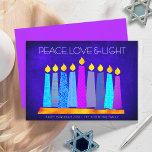 Hanukkah Modern Boho Candles Peace Love Light Blue Holiday Card<br><div class="desc">“Peace, love & light.” A playful, modern, artsy illustration of boho pattern candles in a menorah helps you usher in the holiday of Hanukkah. Assorted blue candles with colourful faux foil patterns overlay a rich deep blue textured background. Faux hot pink purple diamond pattern foil on a cornflower blue background...</div>