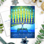 Hanukkah Modern Script Blue Green Menorah Stylish Holiday Postcard<br><div class="desc">“Peace, Love, Hanukkah”. A close-up photo illustration of a bright, colourful, blue green artsy menorah on a textured navy blue background helps you usher in the holiday of Hanukkah. Feel the warmth and joy of the holiday season whenever you send this stunning, colourful Hanukkah greeting postcard. Matching envelopes, stickers, tote...</div>