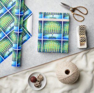 Hanukkah Modern Trendy Blue Green Menorah Pattern Wrapping Paper