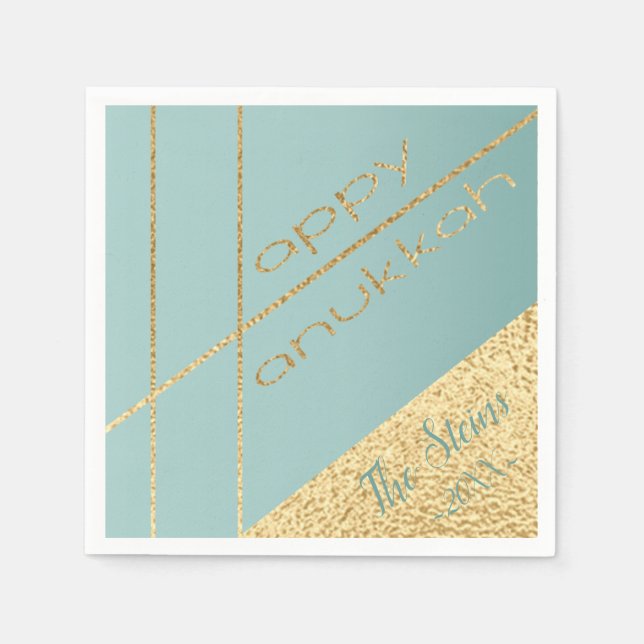 Hanukkah Napkin Personalise Elegant Too Turq, Gold (Front)