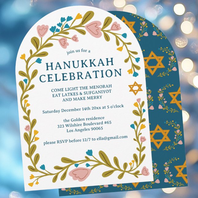 HANUKKAH PARTY Floral Wreath Hand-drawn Custom Invitation (HANUKKAH PARTY Floral Wreath Hand-drawn Custom Arch Invitation
)