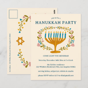 HANUKKAH PARTY Invitation floral wreath CUSTOM Postcard