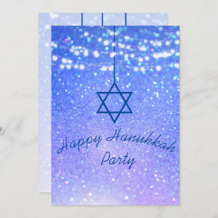 Hanukkah Party Lights Glitter Blue Star  David Invitation