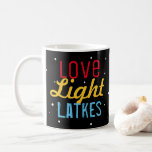 Hanukkah Party Love Light Latkes Personalised Coffee Mug<br><div class="desc">Our Hanukkah Party Love Light Latkes Personalised Funny Quote Coffee Mug will get everyone into the Holiday spirit! Dress up your morning coffee for the holidays. A personalised mug makes a great holiday gift for special family, friends & clients. The colourful, humourous saying stands out on the black starry night...</div>