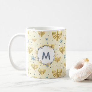 Hanukkah Pattern + Navy Blue Watercolor Monogram Coffee Mug