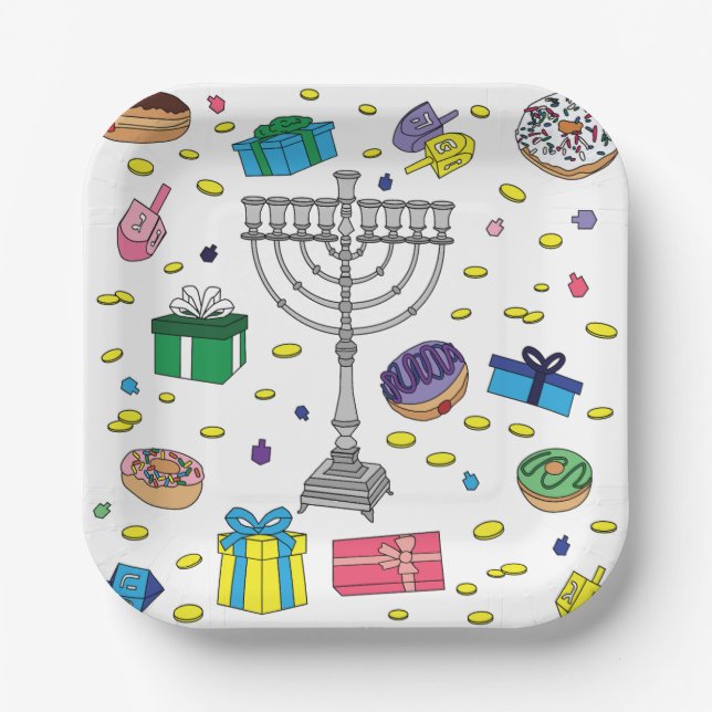 Hanukkah Pattern White Paper Plate (Front)
