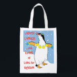 Hanukkah Penguin Grocery Bag<br><div class="desc">Hanukkah Penguin, white 2-sided bag. All design elements can be edited. All editable text can be deleted and replaced with your own message. Use your favourite font colour, size, and style. Happy Hanukkah/Chanukah! Style: Reusable Bag Go green and save the planet with our reusable grocery bag! Made with a lightweight...</div>