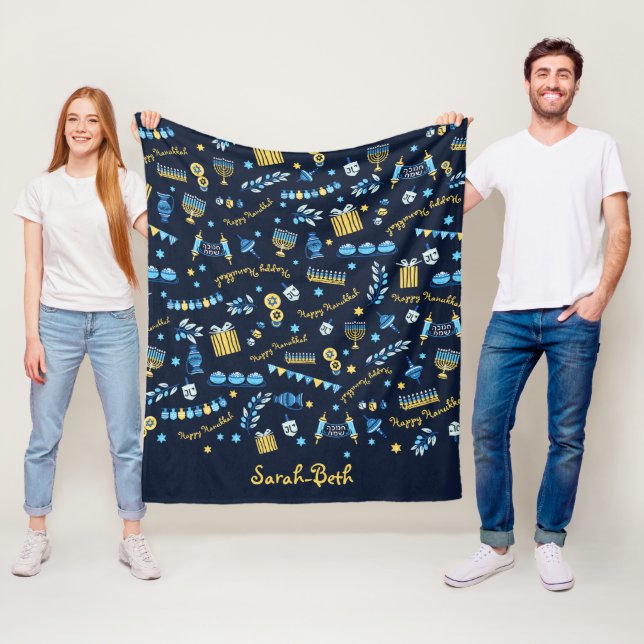 Hanukkah Personalised Menorah Dreidel Fleece Blanket (In Situ)