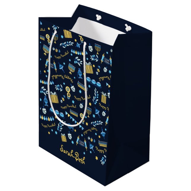 Hanukkah Personalised Menorah Dreidel  Gift Bag (Back Angled)