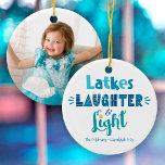 Hanukkah Photo Latkes Laughter Light Fun Modern Ceramic Tree Decoration<br><div class="desc">“Latkes, laughter & light.” Fun, whimsical handcrafted typography in dusty blue, turquoise and teal on a white background, along with the photo of your choice on the back, help you usher in Hanukkah. Feel the warmth and joy of the holiday season whenever you use this stylish and modern personalized photo...</div>