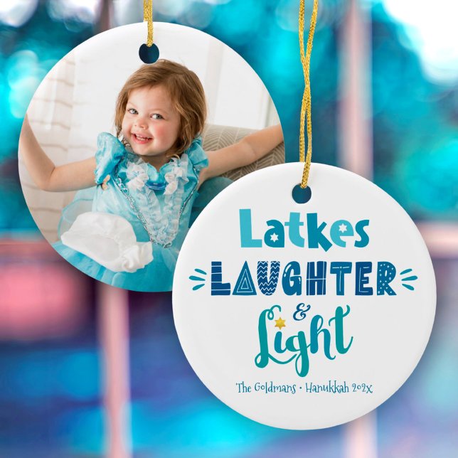 Hanukkah Photo Latkes Laughter Light Fun Modern Ceramic Tree Decoration (Creator Uploaded)