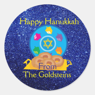 Hanukkah Plate with Dreidels Blue Faux Glitter Classic Round Sticker