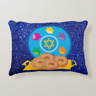 Hanukkah Plate with Dreidels Blue Faux Glitter Decorative Cushion
