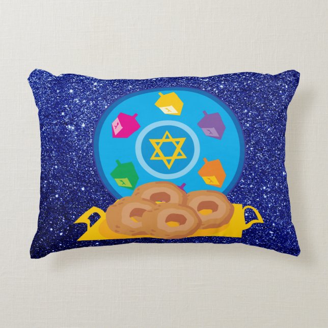 Hanukkah Plate with Dreidels Blue Faux Glitter Decorative Cushion (Front)