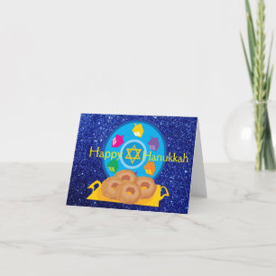 Hanukkah Plate with Dreidels Blue Faux Glitter Holiday Card