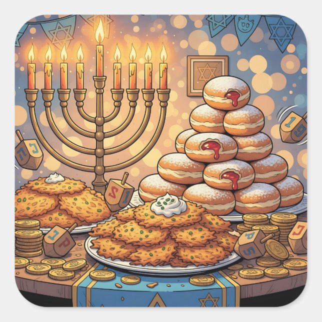 Hanukkah Potato Pancakes, Menorah and Jelly Rolls Square Sticker (Front)