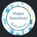 Hanukkah Presents Classic Round Sticker<br><div class="desc">These fabulous gift tags would look great on all your Hanukkah gifts.  They are so festive with their Hanukkah presents and Stars of David in blue and yellow.  Trendy yet traditional.  And,  they are customisable with your family name.</div>