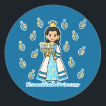Hanukkah Princess Classic Round Sticker<br><div class="desc">Hanukkah Princess holds a lighted Menorah,  has the Star of David on her dress (and earrings) and is surrounded by dreidels! A beautiful princess for the holiday season and a great Hanukkah gift for girls.</div>