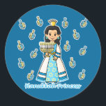 Hanukkah Princess Classic Round Sticker<br><div class="desc">Hanukkah Princess holds a lighted Menorah,  has the Star of David on her dress (and earrings) and is surrounded by dreidels! A beautiful princess for the holiday season and a great Hanukkah gift for girls.</div>