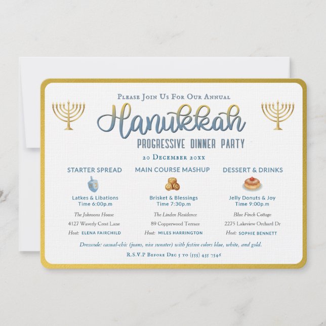 Hanukkah Progressive Dinner Party Invitation (Front)