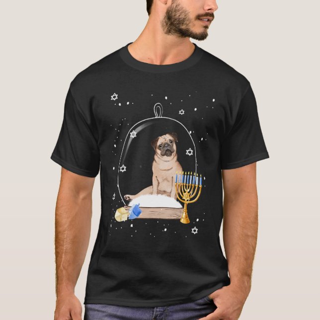 Hanukkah Pug Dog Snow Globe Pajama T-Shirt (Front)
