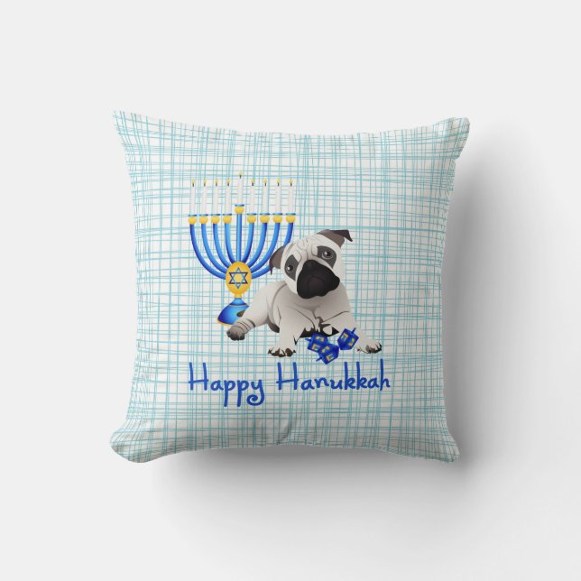 Hanukkah Pug with Menorah and Dreidels Cushion (Front)