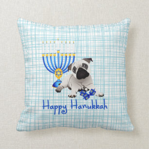 Hanukkah Pug with Menorah and Dreidels Cushion