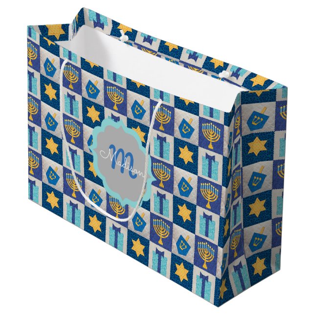 Hanukkah Quilt Personalised Large Gift Bag (Front Angled)