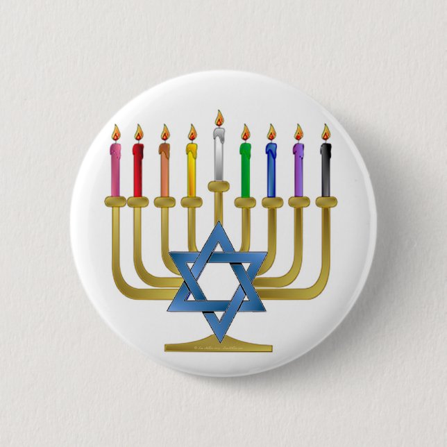 Hanukkah Rainbow Candles Gold Menorah 6 Cm Round Badge (Front)