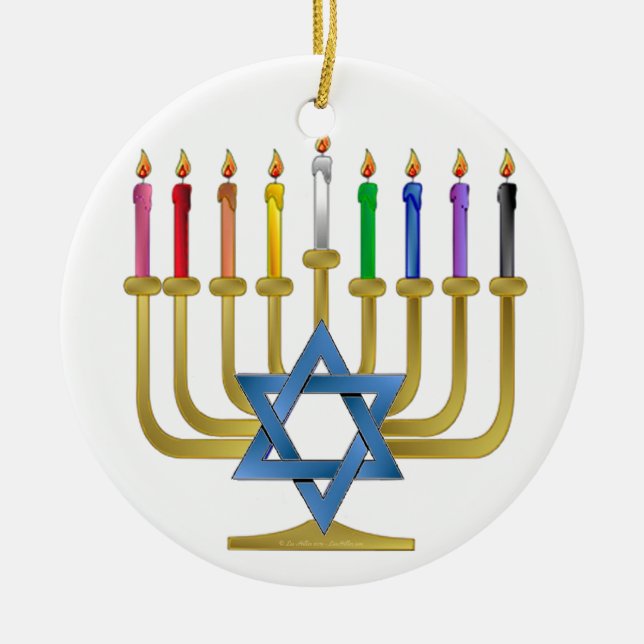 Hanukkah Rainbow Candles Gold Menorah Ceramic Tree Decoration (Front)