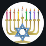 Hanukkah Rainbow Candles Gold Menorah Classic Round Sticker<br><div class="desc">You are viewing The Lee Hiller Designs Collection of Home and Office Decor,  Apparel,  Gifts and Collectibles. The Designs include Lee Hiller Photography and Mixed Media Digital Art Collection. You can view her Nature photography at http://HikeOurPlanet.com/ and follow her hiking blog within Hot Springs National Park.</div>