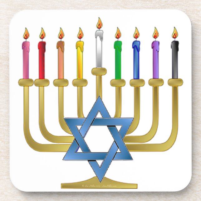 Hanukkah Rainbow Candles Gold Menorah Coaster (Front)
