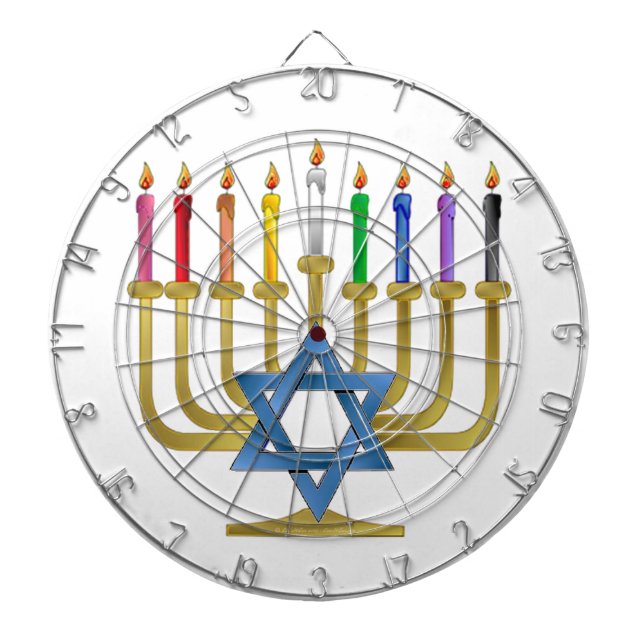 Hanukkah Rainbow Candles Gold Menorah Dartboard (Front)