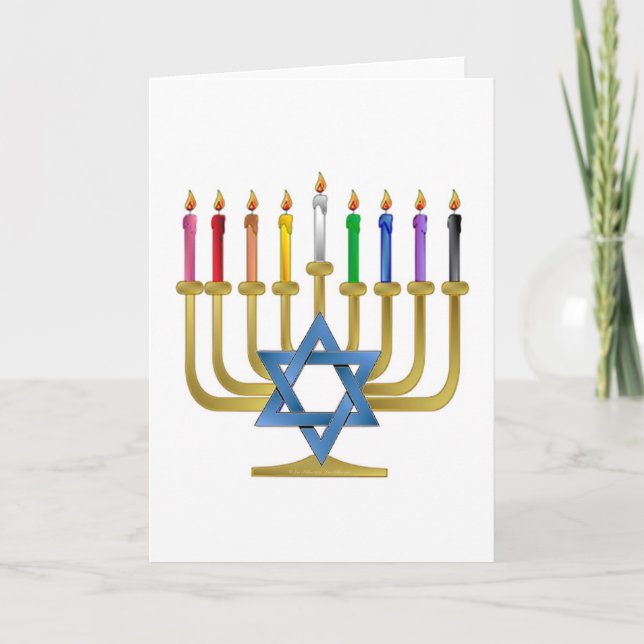 Hanukkah Rainbow Candles Gold Menorah Holiday Card (Front)