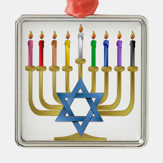 Hanukkah Rainbow Candles Gold Menorah Metal Tree Decoration (Front)