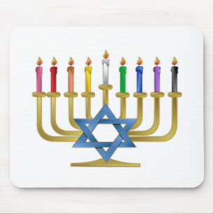 Hanukkah Rainbow Candles Gold Menorah Mouse Mat