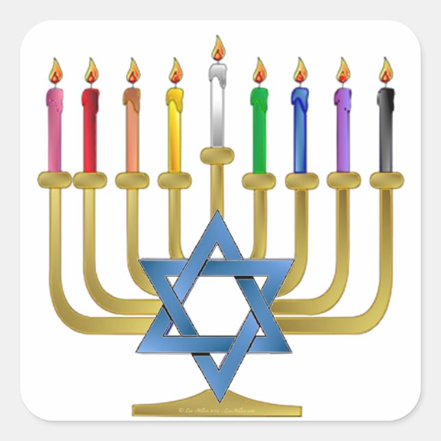 Hanukkah Rainbow Candles Gold Menorah Square Sticker (Front)