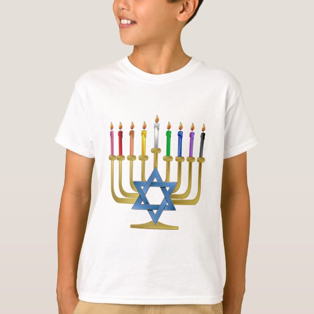 Hanukkah Rainbow Candles Gold Menorah T-Shirt (Front)