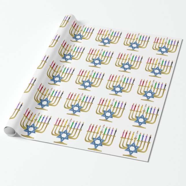 Hanukkah Rainbow Candles Gold Menorah Wrapping Paper (Unrolled)