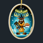 Hanukkah Reindeer Celebrates Chrismukkah Ceramic Tree Decoration<br><div class="desc">This fun Hanukkah reindeer celebrates Christmas. No. Wait. He celebrates Hanukkah. Oh, no -- he celebrates both Christmas AND Hanukkah!! That's Chrismukkah, right? Yeah! That's it! His holiday party decor is red and green. Blue and Gold. No -- he uses ALL those colors! :) And he brings his Hanukkah candles...</div>