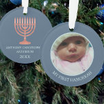 Hanukkah Rustic Menorah Cute Double Sided Photo Ornament<br><div class="desc">Personalise this double sided photo ornament in dark blue with a faux woodgrain menorah as a cute custom My First Hanukkah or Our First Hanukkah keepsake. Add your photo to the front where it will appear cropped into a round picture with a light blue frame on a background of dark...</div>