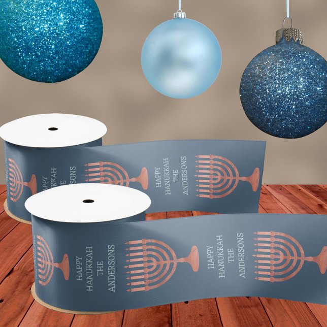 Hanukkah Rustic Menorah Cute Festival Of Lights Satin Ribbon (Designer ribbon for Hanukkah, personalized with your name and custom text)